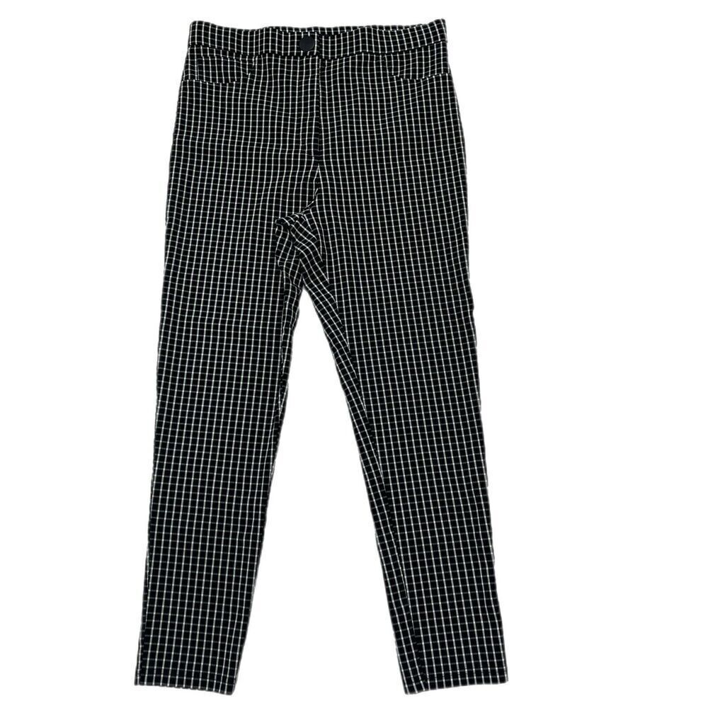 Zara Pants Women XL Plaid Check Black White Slim Leg High Rise Trouser Stretch
